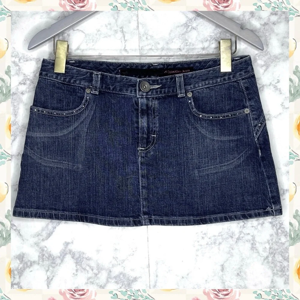 Calvin Klein Y2K Dark Wash Denim Mini Skirt Crystal Embellished Juniors 9